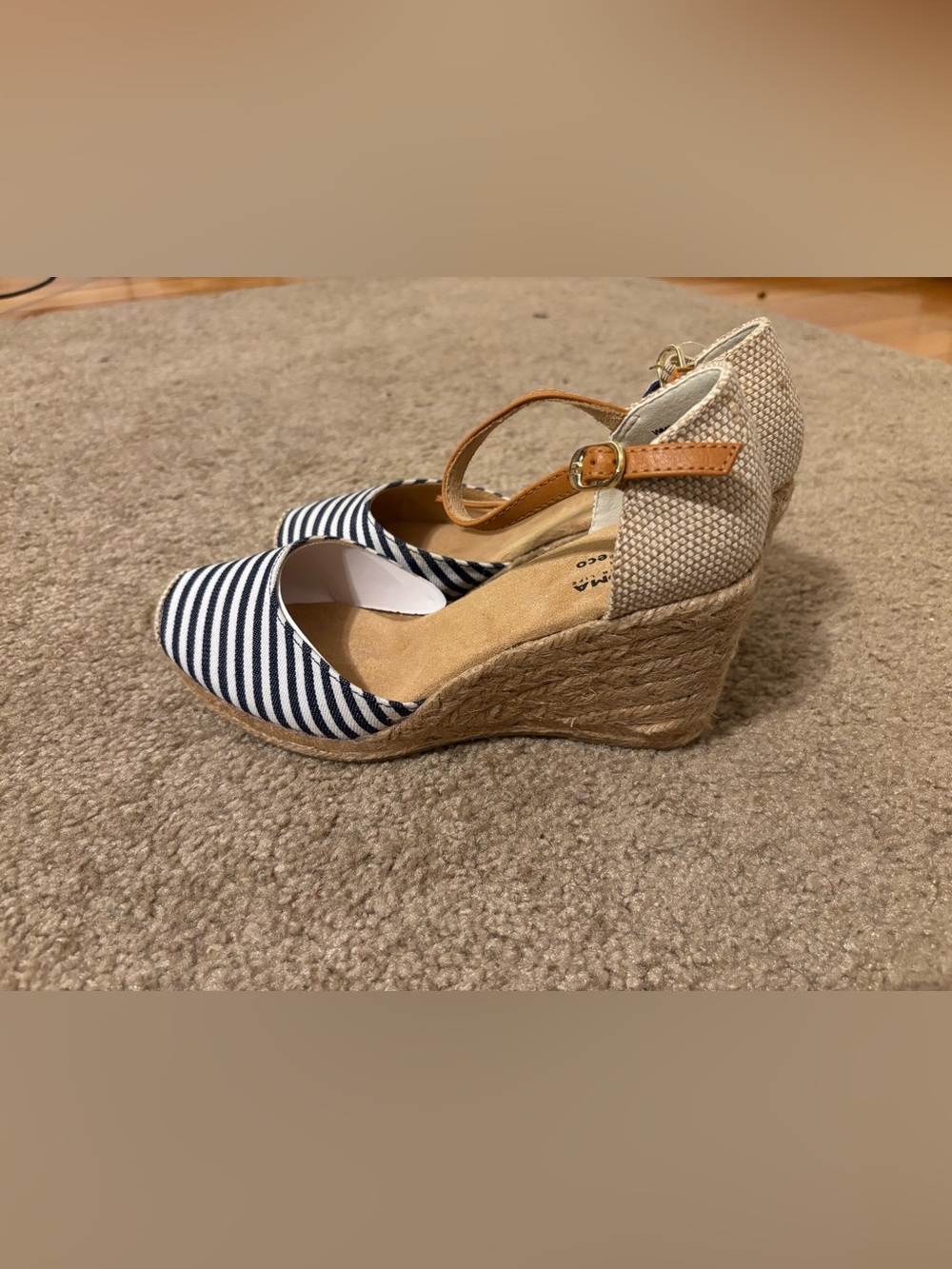 Striped Navy Espadrille Wedge Sandals with Ankle Strap